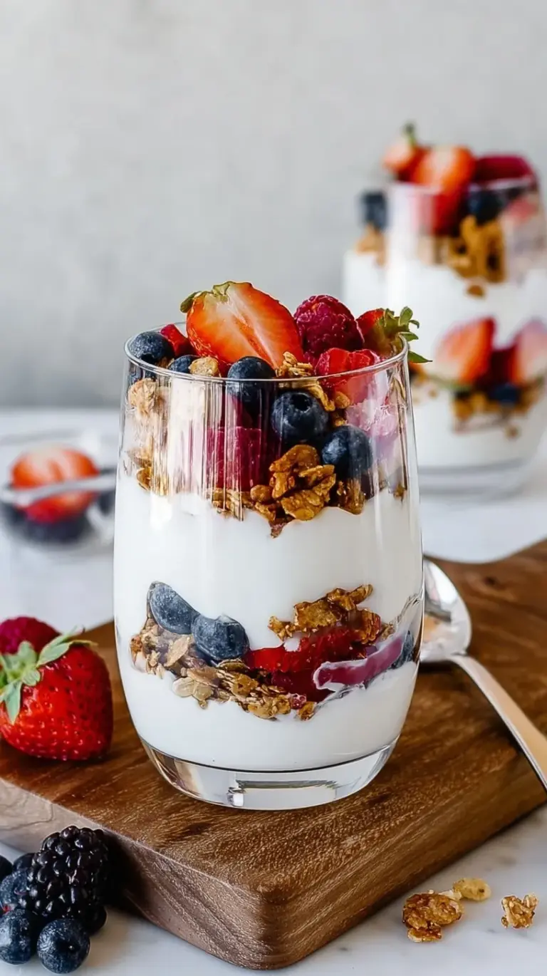 A colorful fruit and yogurt parfait layered in a glass with strawberries, blueberries, and golden granola.