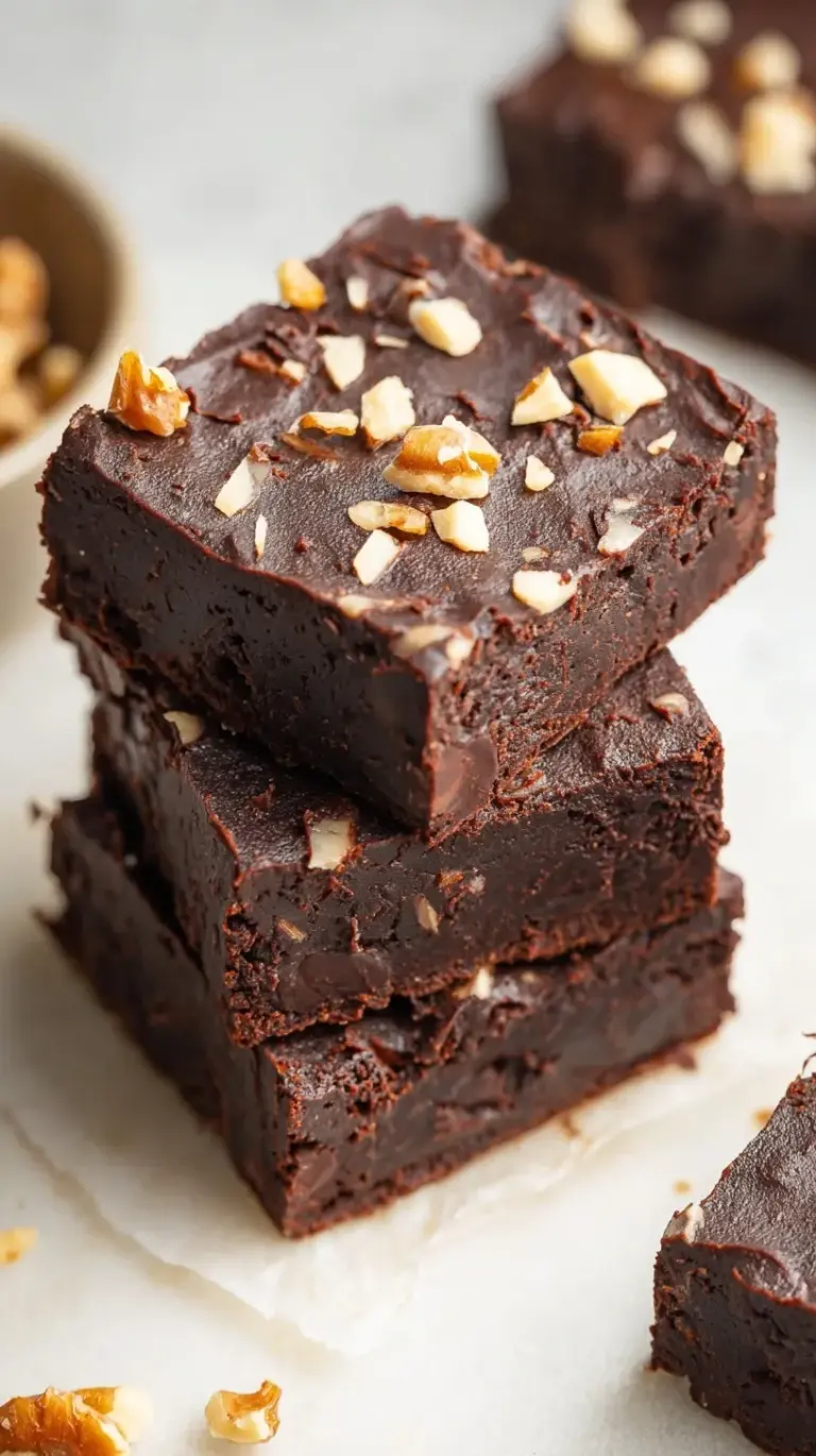 A stack of moist, dark chocolate Fudgy Black Bean Brownies on a wooden board with chocolate chips on top.