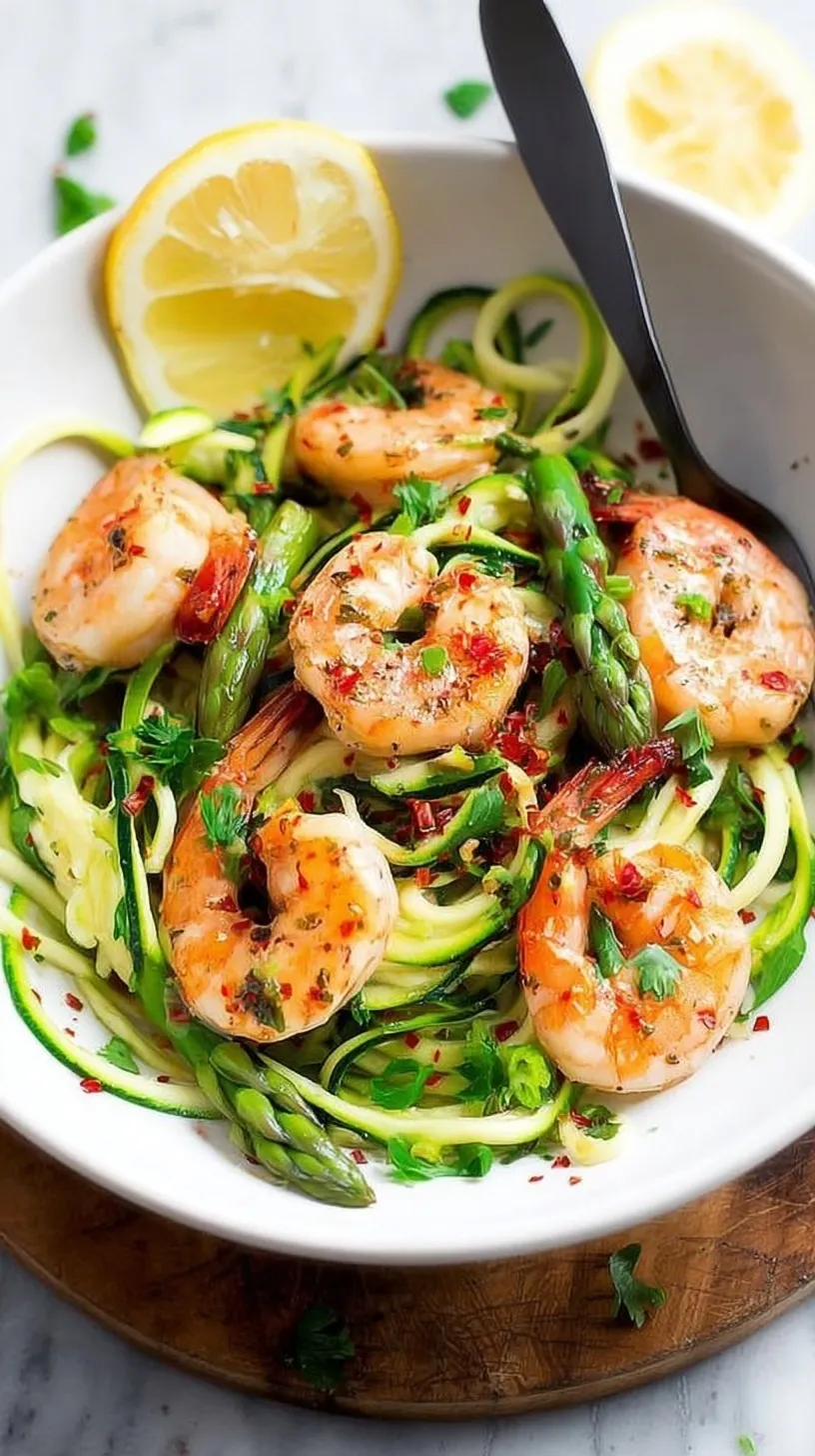 Sautéed garlic shrimp and asparagus tossed with spiralized zucchini noodles in a skillet