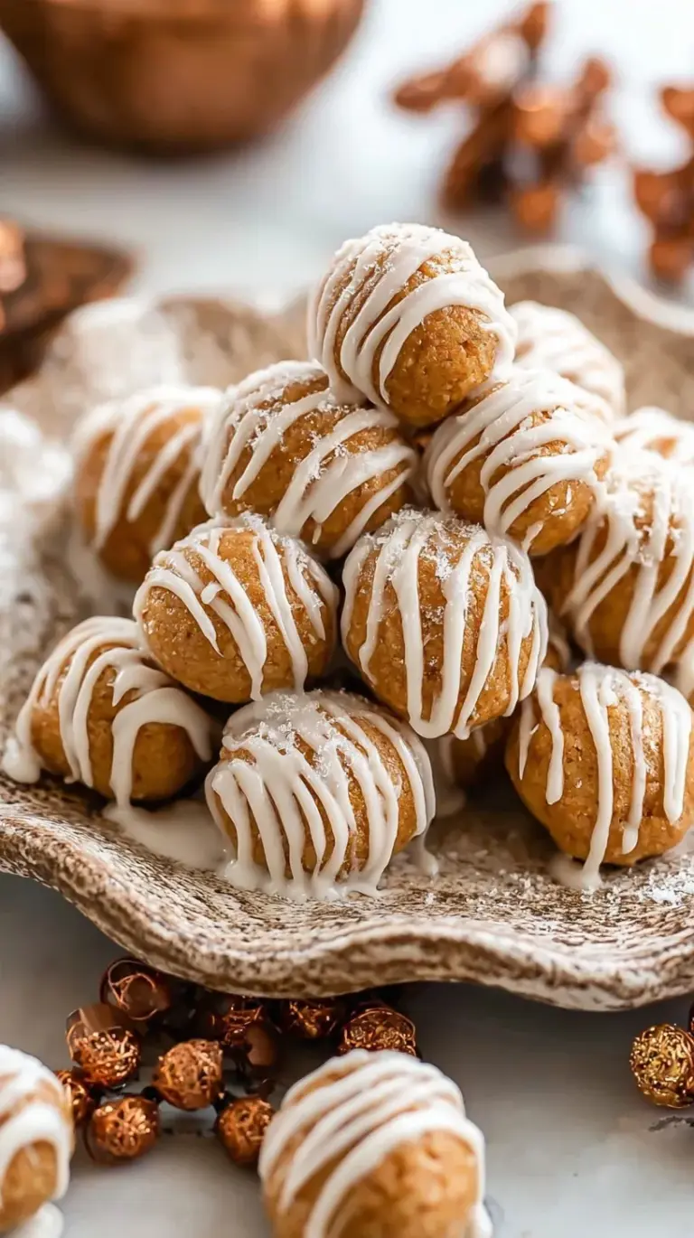 A plate of round gingerbread protein balls with a festive winter background.