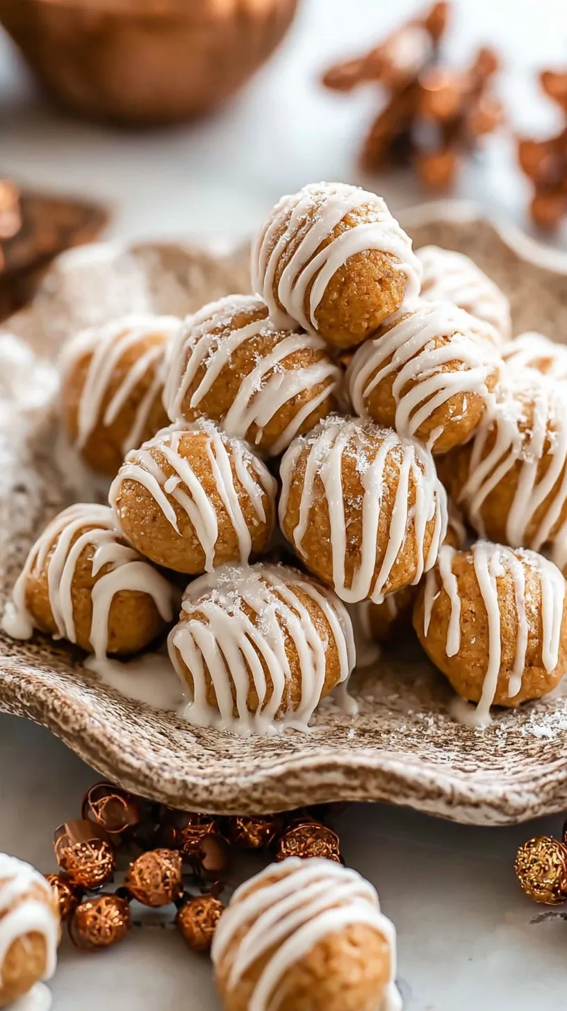 A plate of round gingerbread protein balls with a festive winter background.
