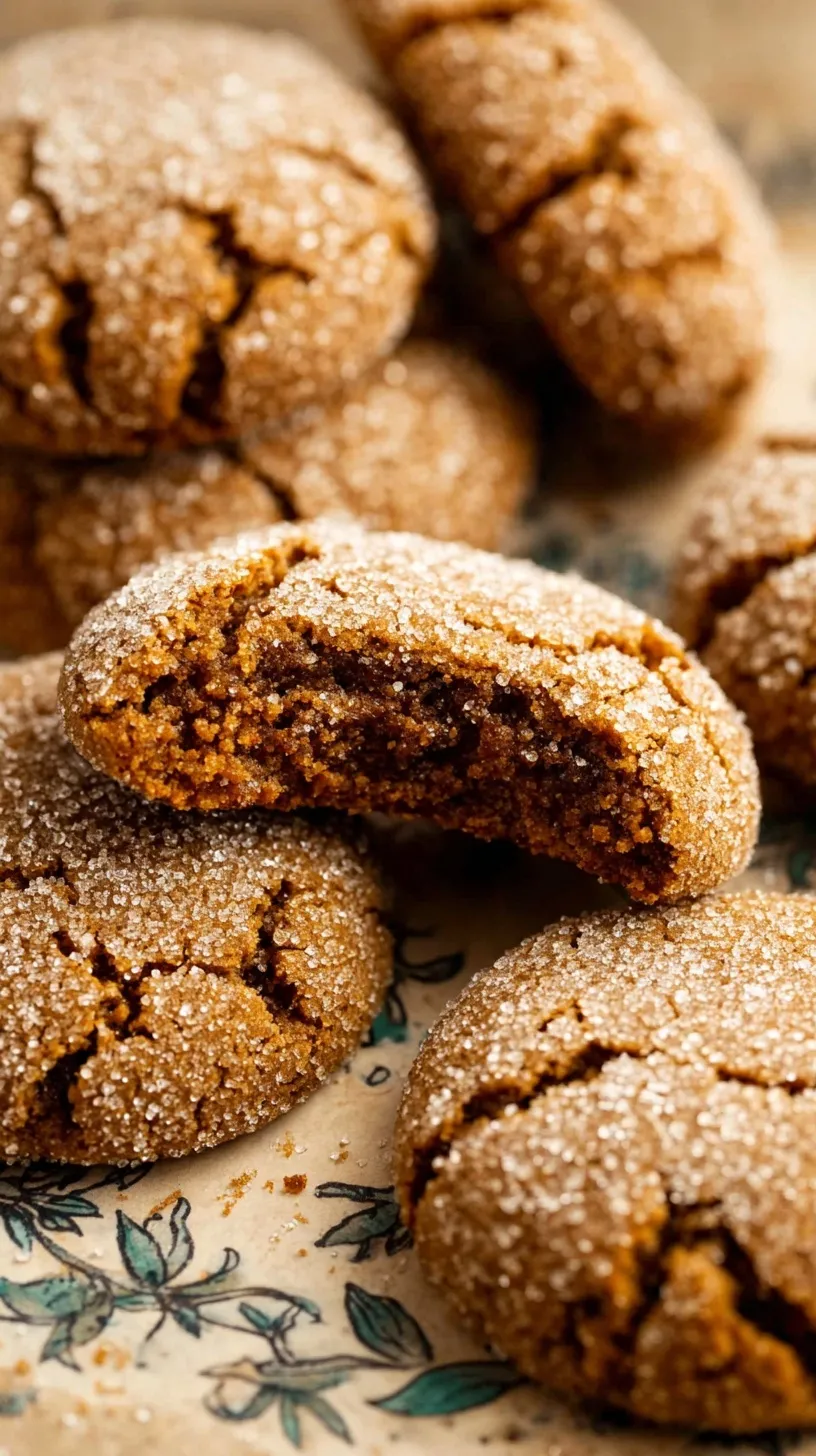 A pile of golden brown gingersnap cookies with characteristic cracks and a sugar coating on a wire rack.