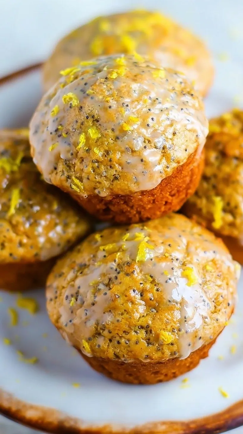 A stack of golden gluten-free lemon poppy seed muffins with fresh lemon zest on top.