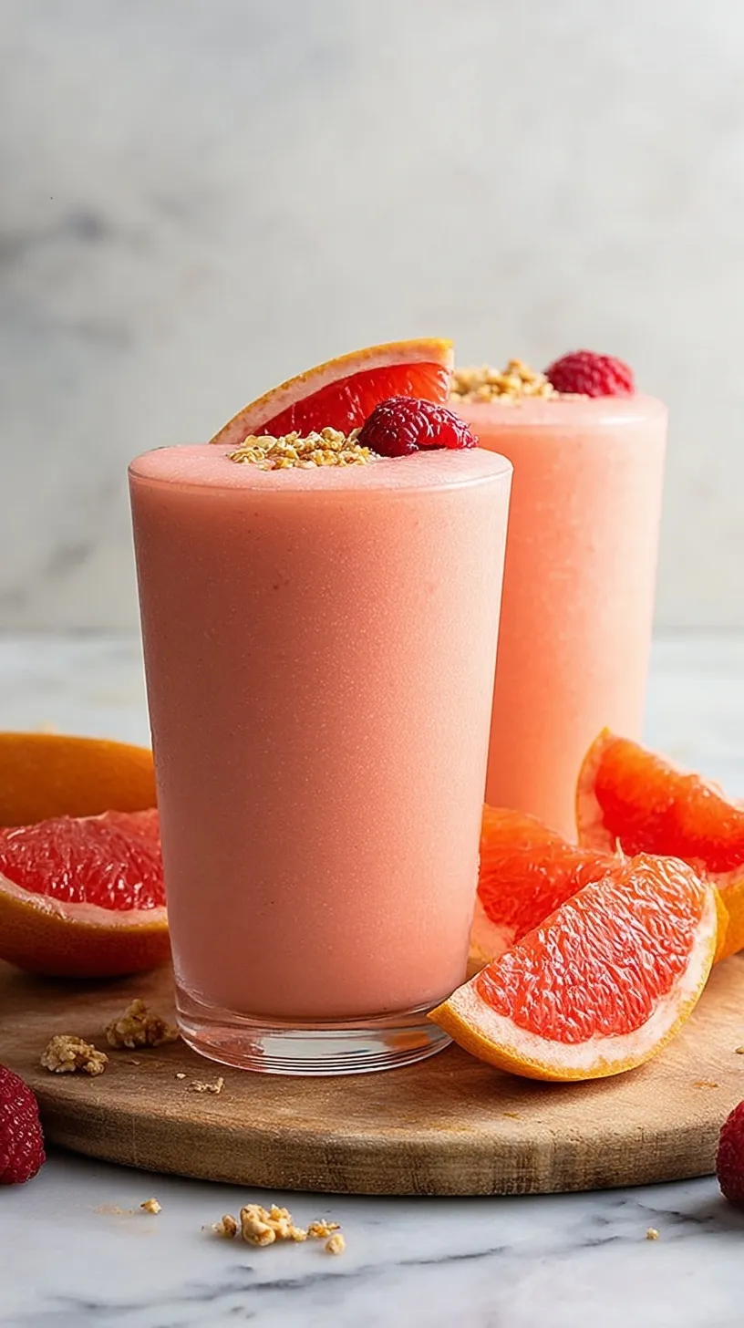 A vibrant pink grapefruit smoothie in a tall glass with a straw on a bright kitchen counter.