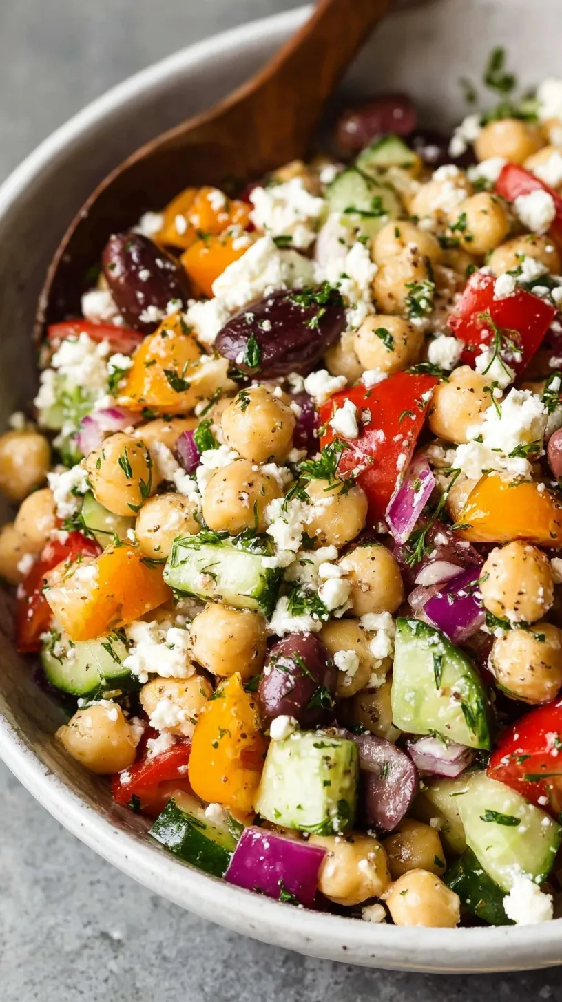A colorful Greek chickpea salad with cucumbers, tomatoes, olives, and feta in a large bowl