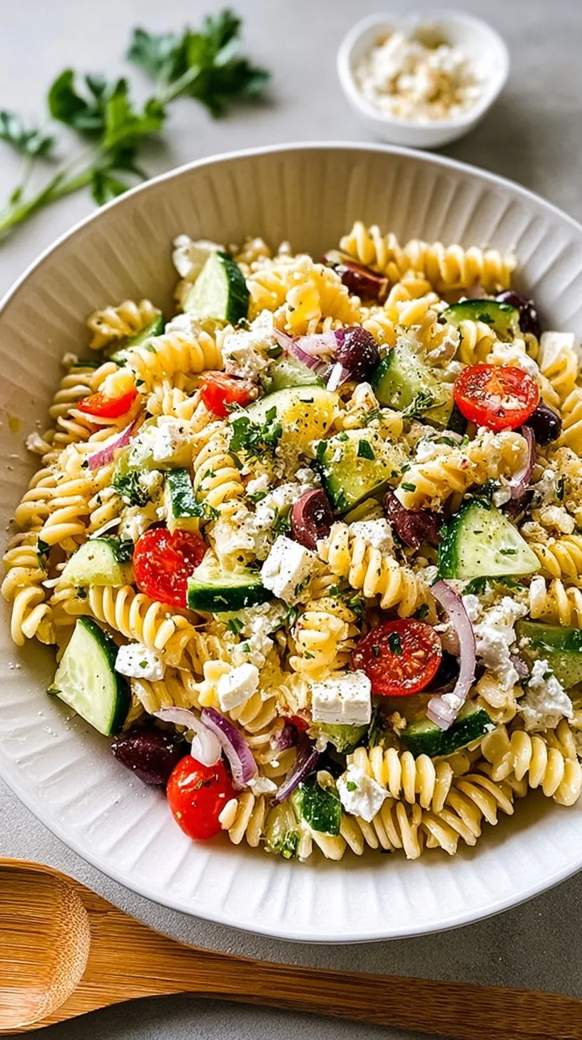 A colorful bowl of Greek pasta salad with rotini, tomatoes, cucumbers, and feta cheese.