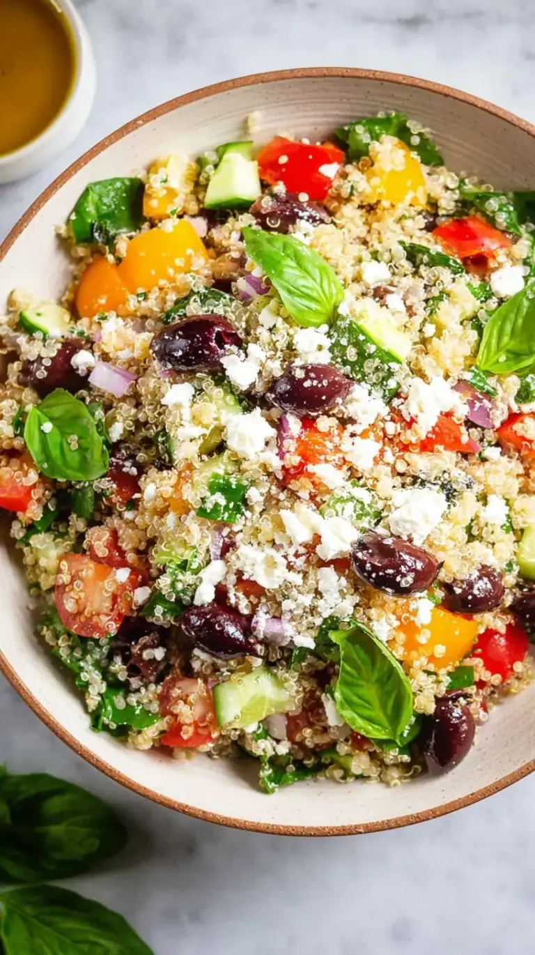 A colorful bowl of Greek Quinoa Salad with cherry tomatoes, cucumbers, kalamata olives, and crumbled feta cheese.