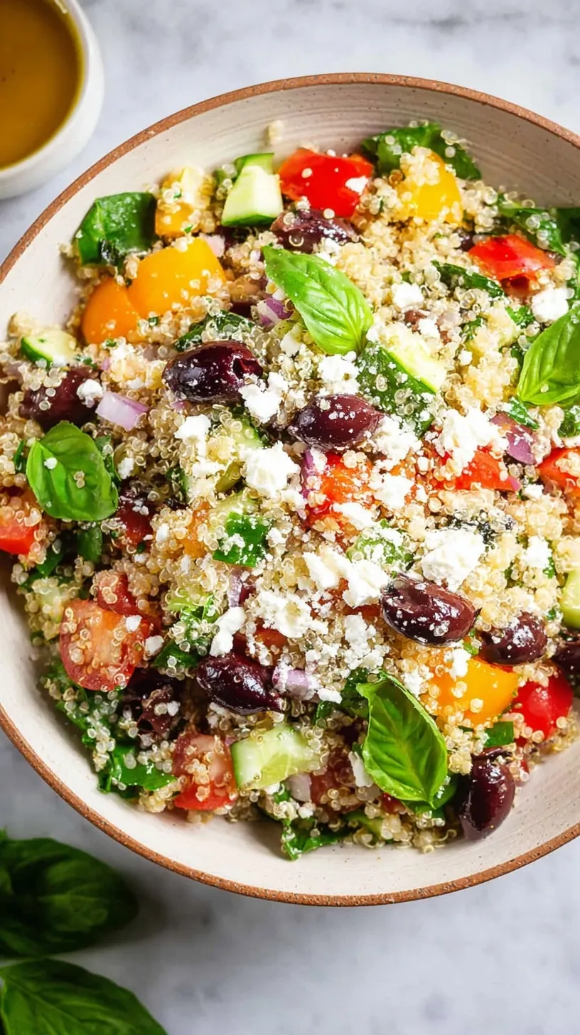 A colorful bowl of Greek Quinoa Salad with cherry tomatoes, cucumbers, kalamata olives, and crumbled feta cheese.
