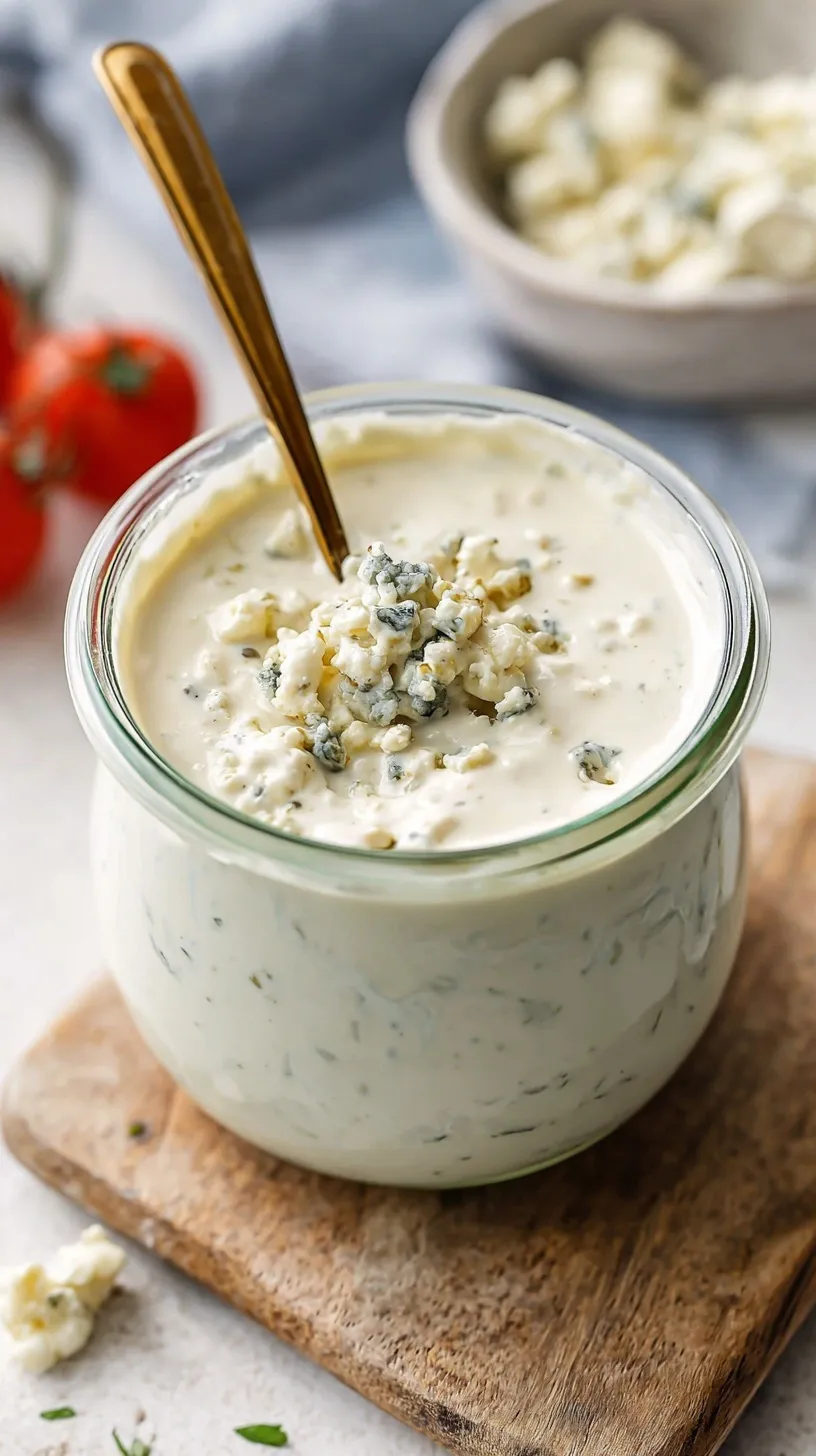 A glass jar filled with creamy blue cheese dressing made with Greek yogurt and fresh chives.