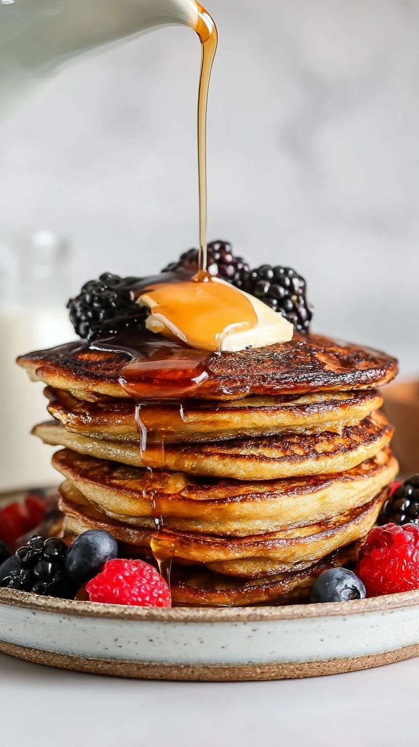 A stack of golden brown fluffy Greek yogurt pancakes topped with fresh berries and drizzled with maple syrup.