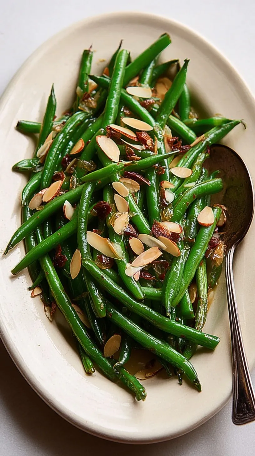A skillet of bright green beans topped with golden toasted sliced almonds and lemon zest.