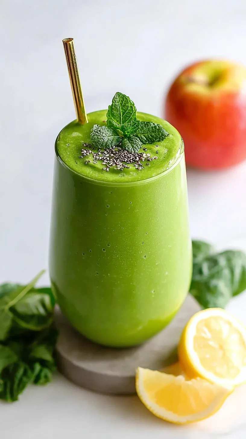 A vibrant green detox smoothie in a tall glass with fresh kale and apple slices nearby