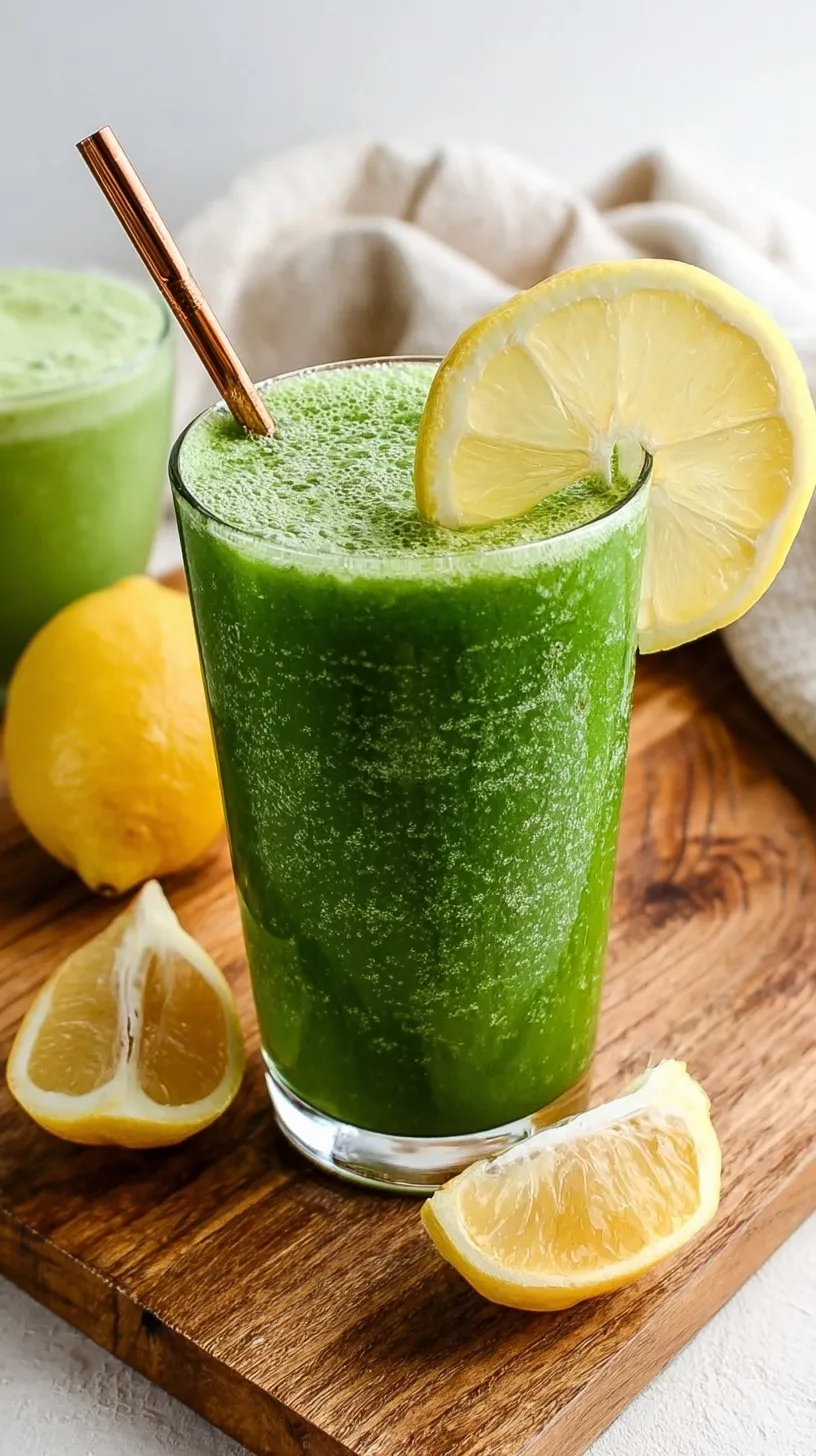 A vibrant green lemonade smoothie in a tall glass with a lemon slice garnish.