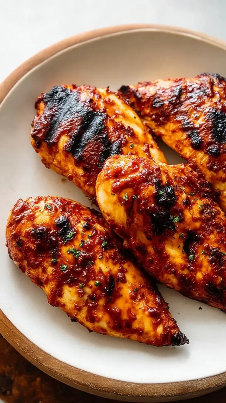 Golden grilled BBQ chicken breasts with charred grill marks and a glossy barbecue glaze on a white platter.