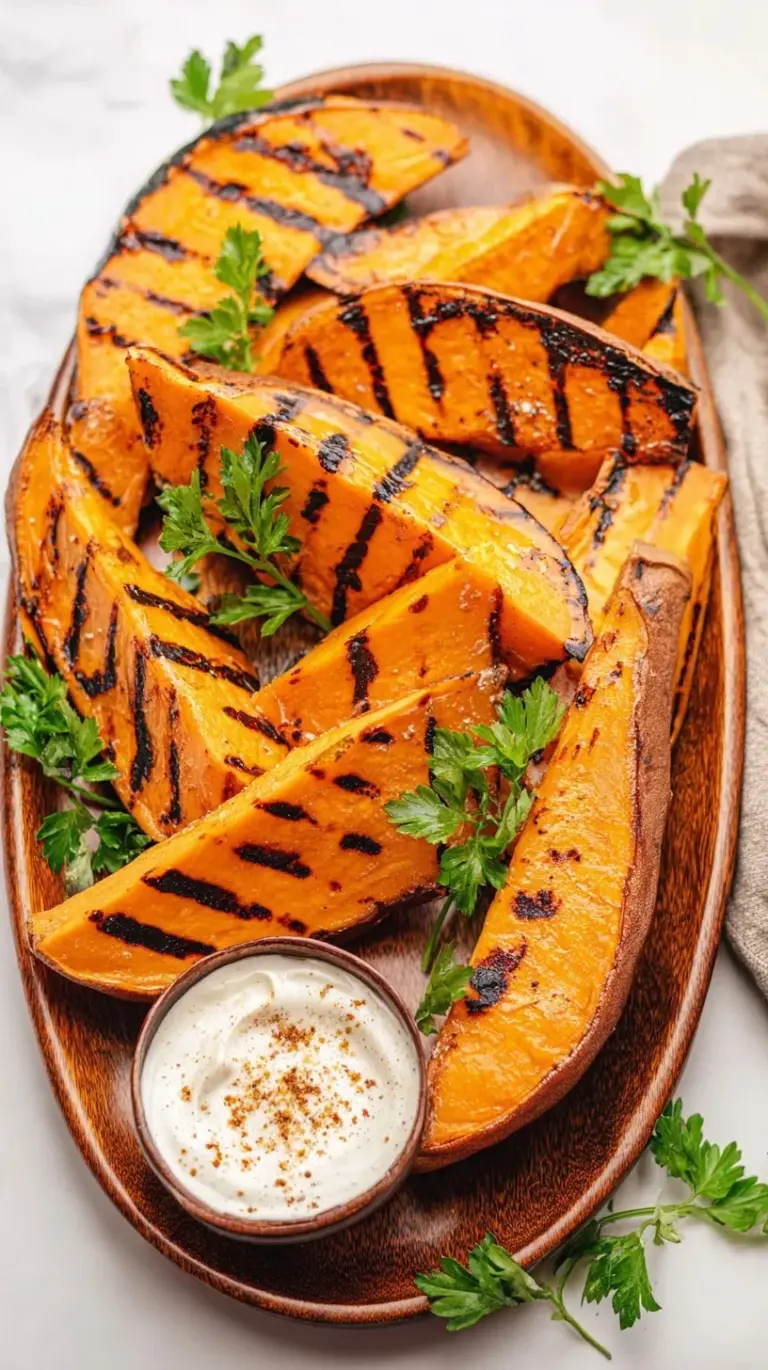 Slices of grilled sweet potatoes with char marks and smoked paprika seasoning on a platter.