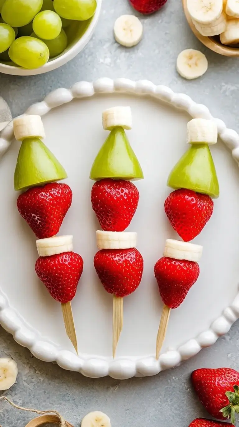 Festive Grinch fruit kabobs made with green grapes, banana slices, and strawberries on toothpicks.