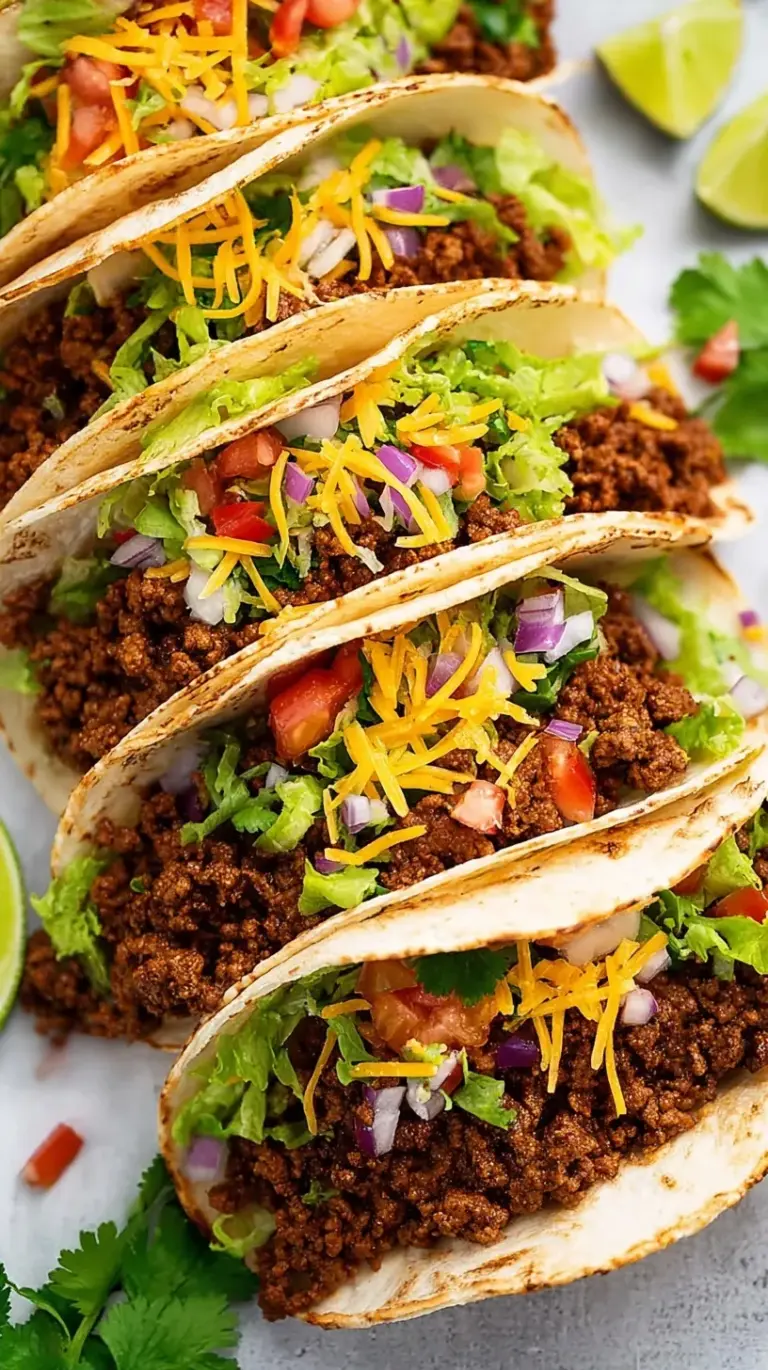 A platter of golden ground beef tacos topped with fresh lettuce, cheese, and tomatoes.