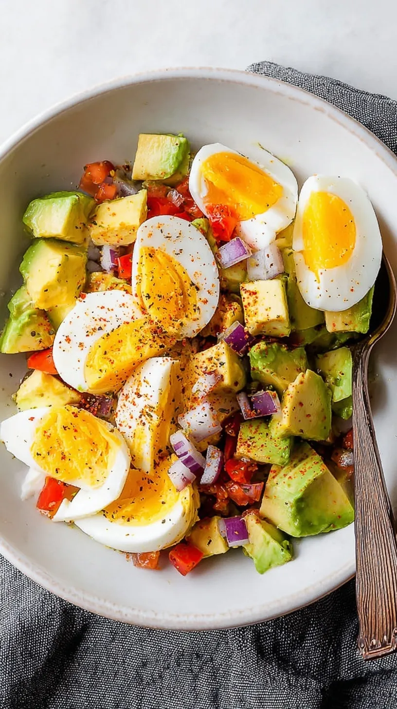 A colorful bowl featuring hard-boiled egg quarters, chopped avocado, red onions, and bell peppers with red pepper flakes.