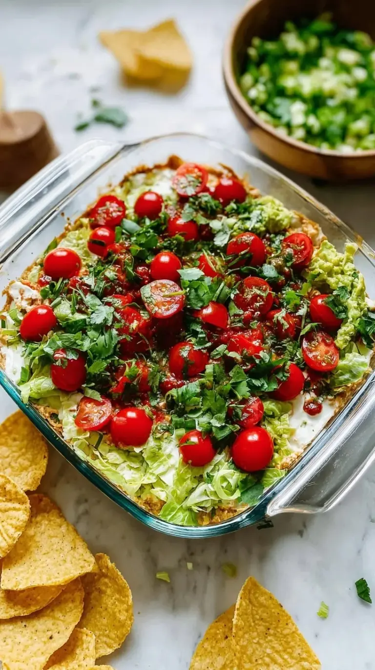 A colorful glass dish showing seven layers of beans, avocado, yogurt, salsa, and fresh vegetable toppings.