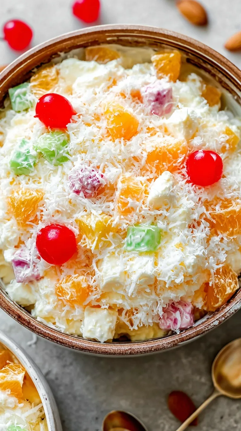 A colorful bowl of Healthy Ambrosia Salad with mandarin oranges, grapes, and coconut.