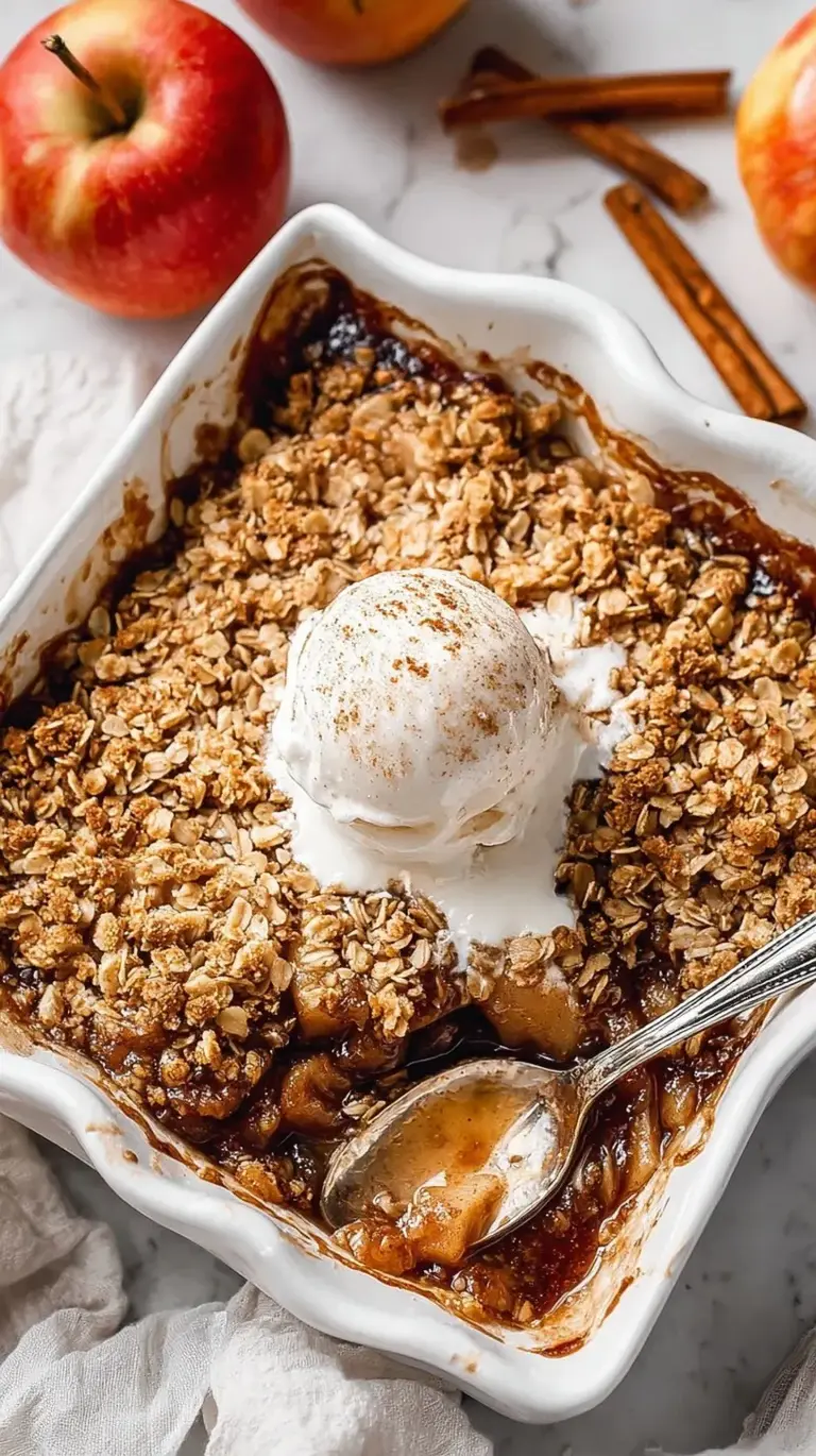 A golden-brown healthy apple crisp in a square baking dish with a wooden spoon.