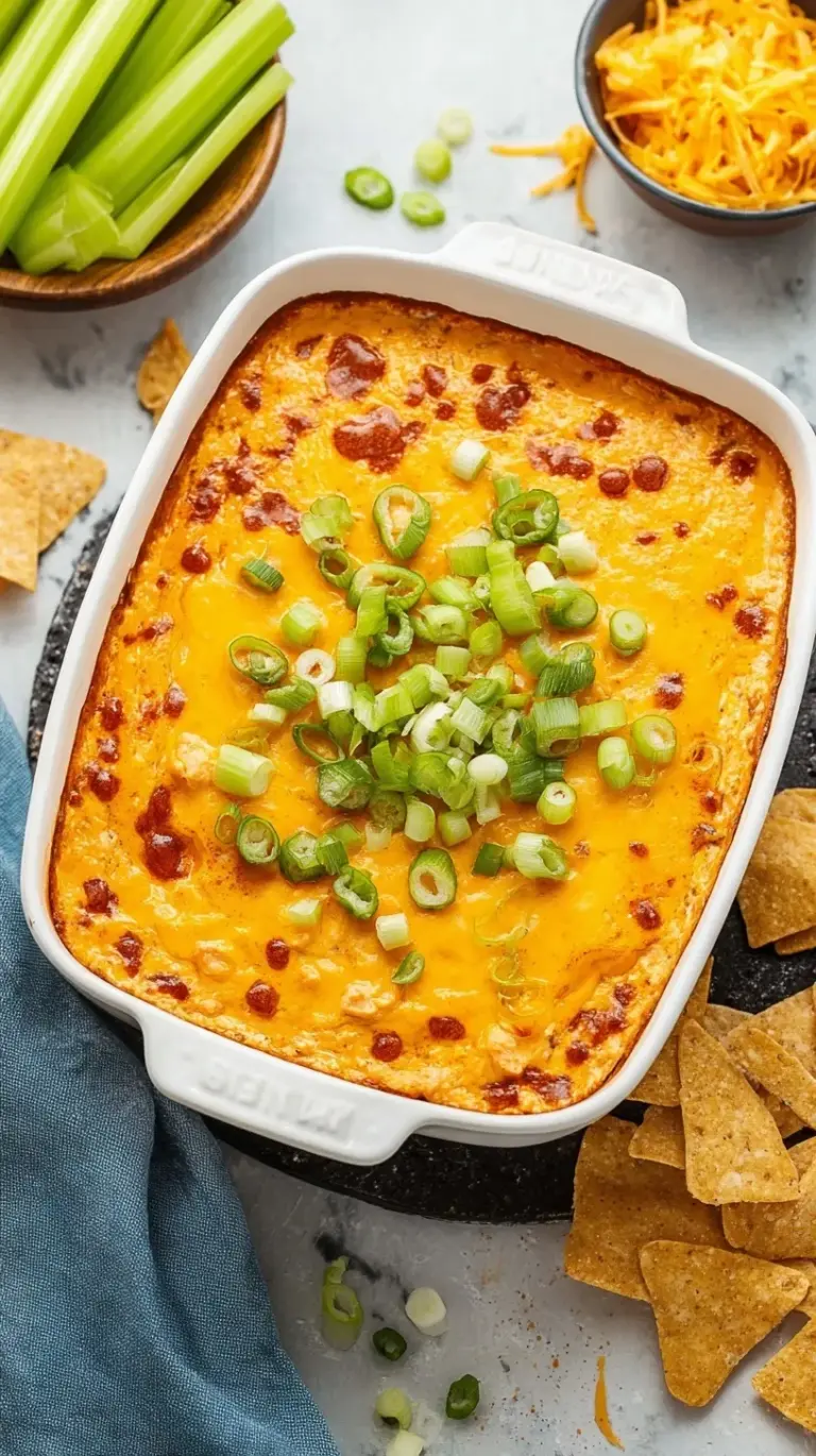 A bubbly, golden brown bowl of buffalo chicken dip garnished with fresh green onions
