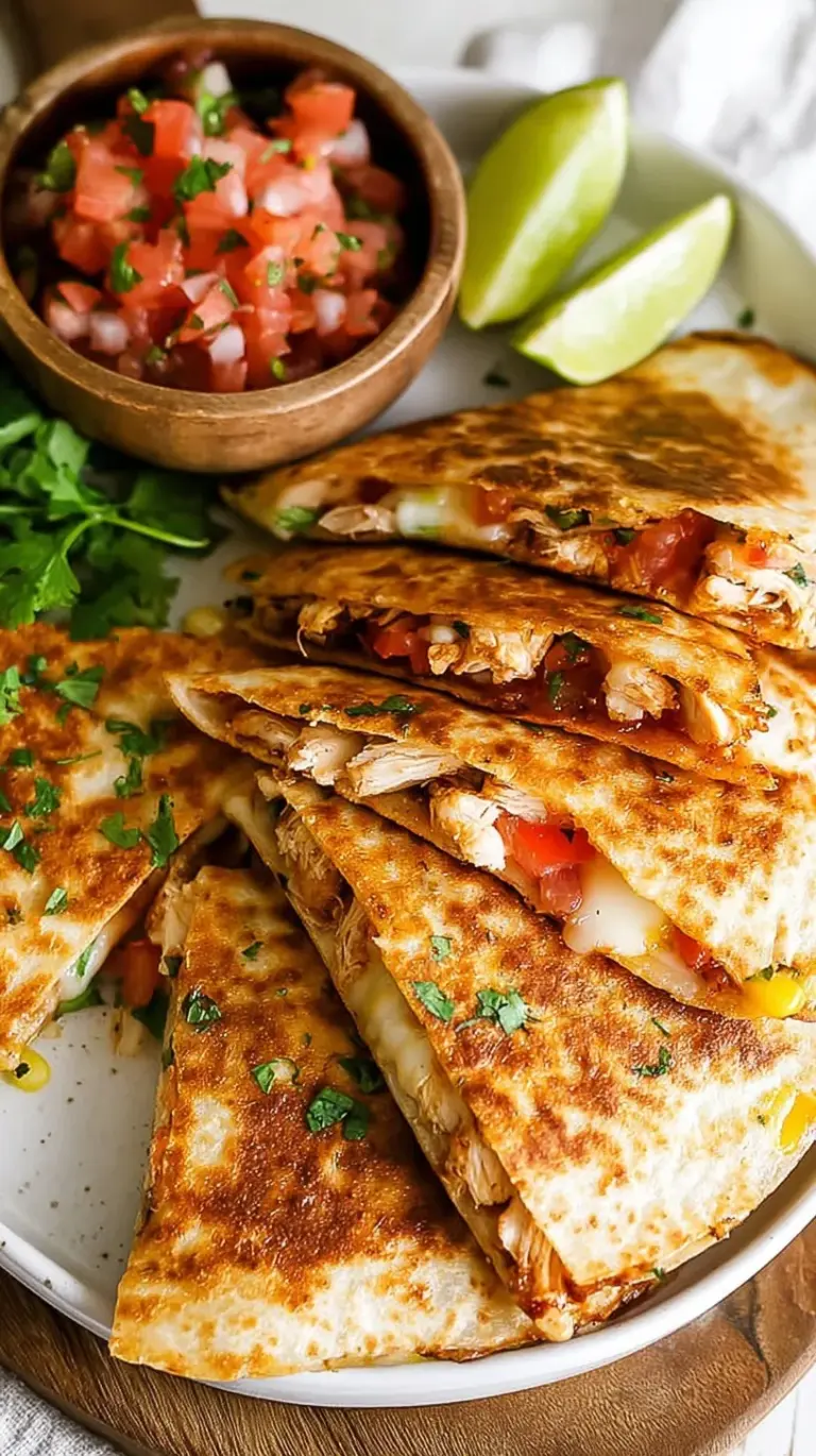 Golden brown whole wheat chicken quesadillas sliced into wedges with fresh cilantro garnish