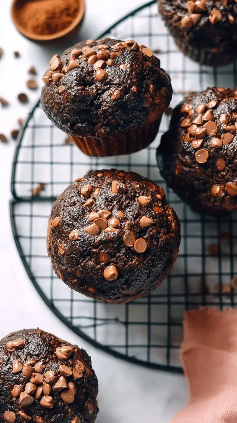 A tray of freshly baked dark chocolate muffins with melted chocolate chips on top.