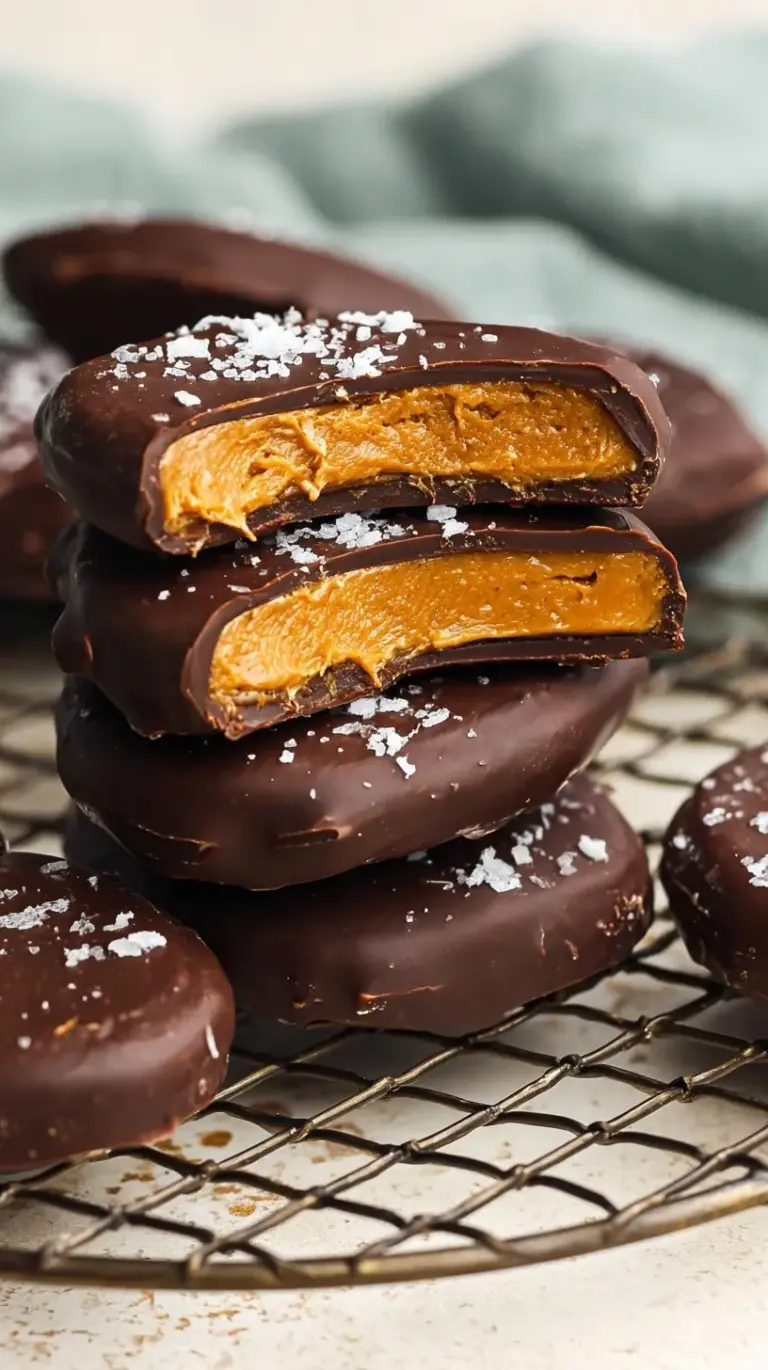 Healthy chocolate peanut butter eggs on a parchment-lined tray with dark chocolate coating.