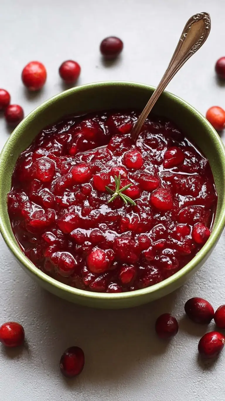 A bowl of vibrant red healthy cranberry sauce garnished with an orange slice and cinnamon stick.