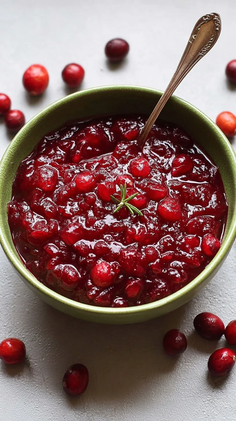 A bowl of vibrant red healthy cranberry sauce garnished with an orange slice and cinnamon stick.