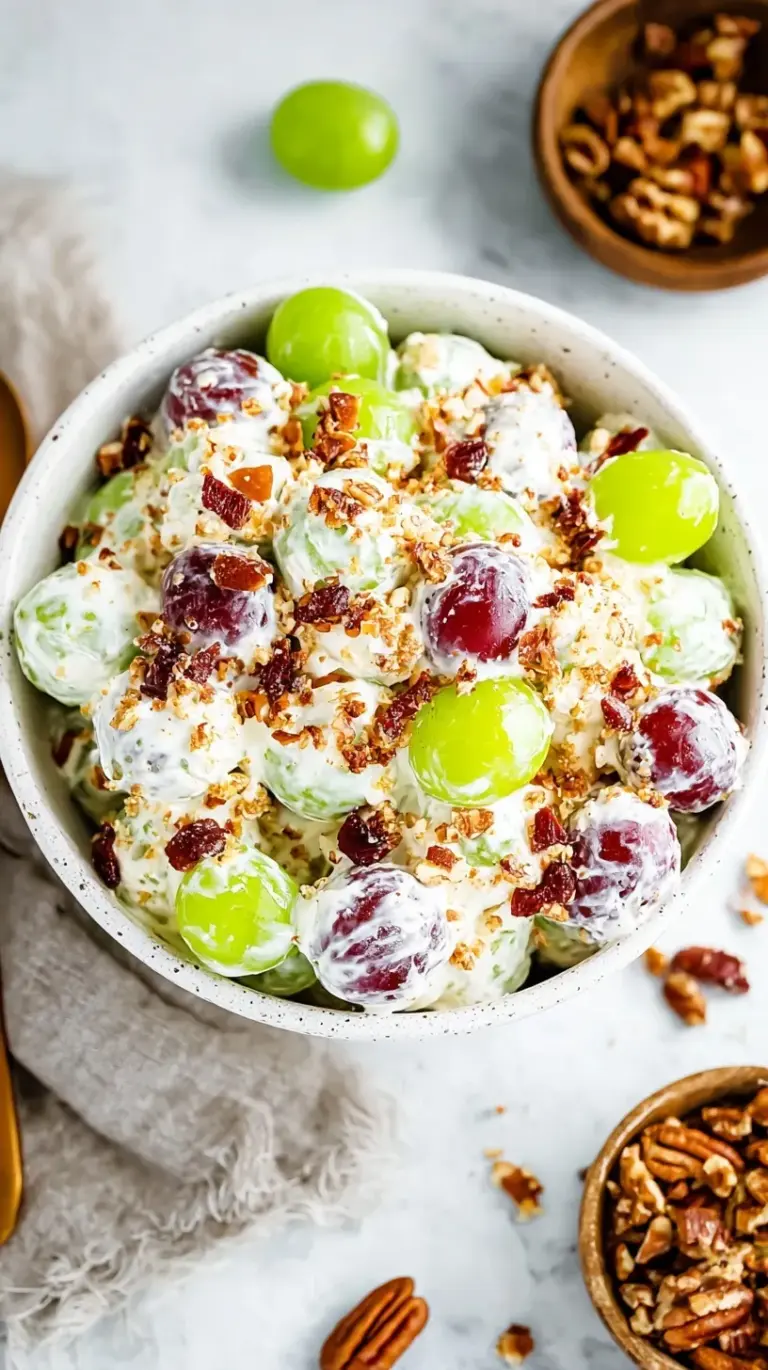 A large glass bowl filled with red and green grapes coated in a creamy white yogurt dressing and topped with chopped walnuts.