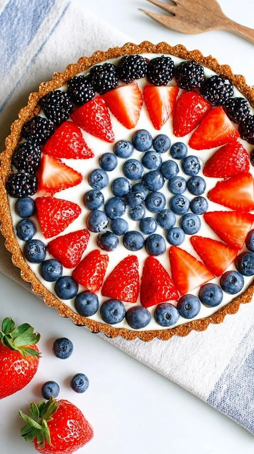 A colorful Greek yogurt tart topped with fresh strawberries and blueberries on a nut crust.