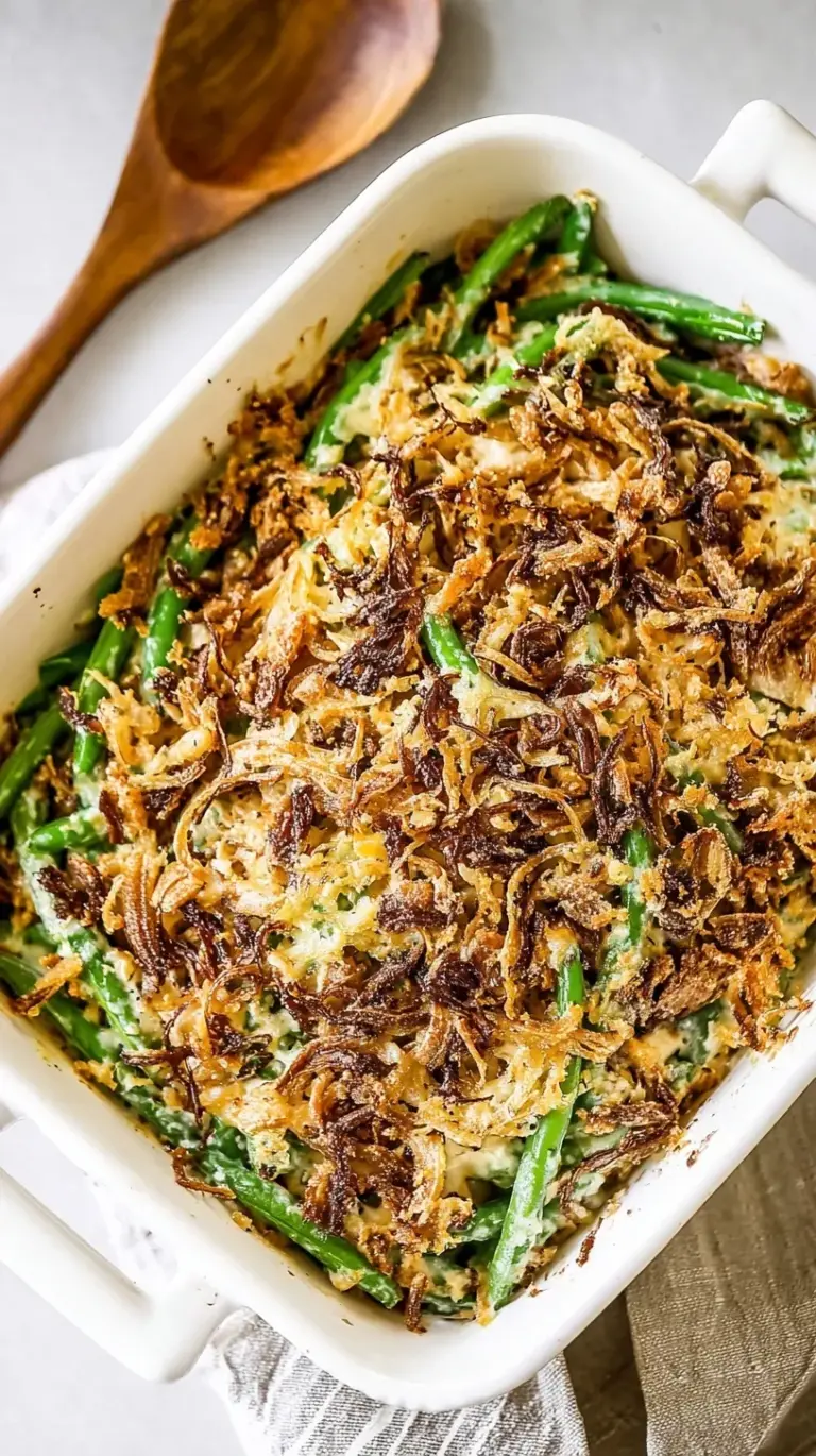 A golden brown Healthy Green Bean Casserole in a white baking dish with fresh herbs.