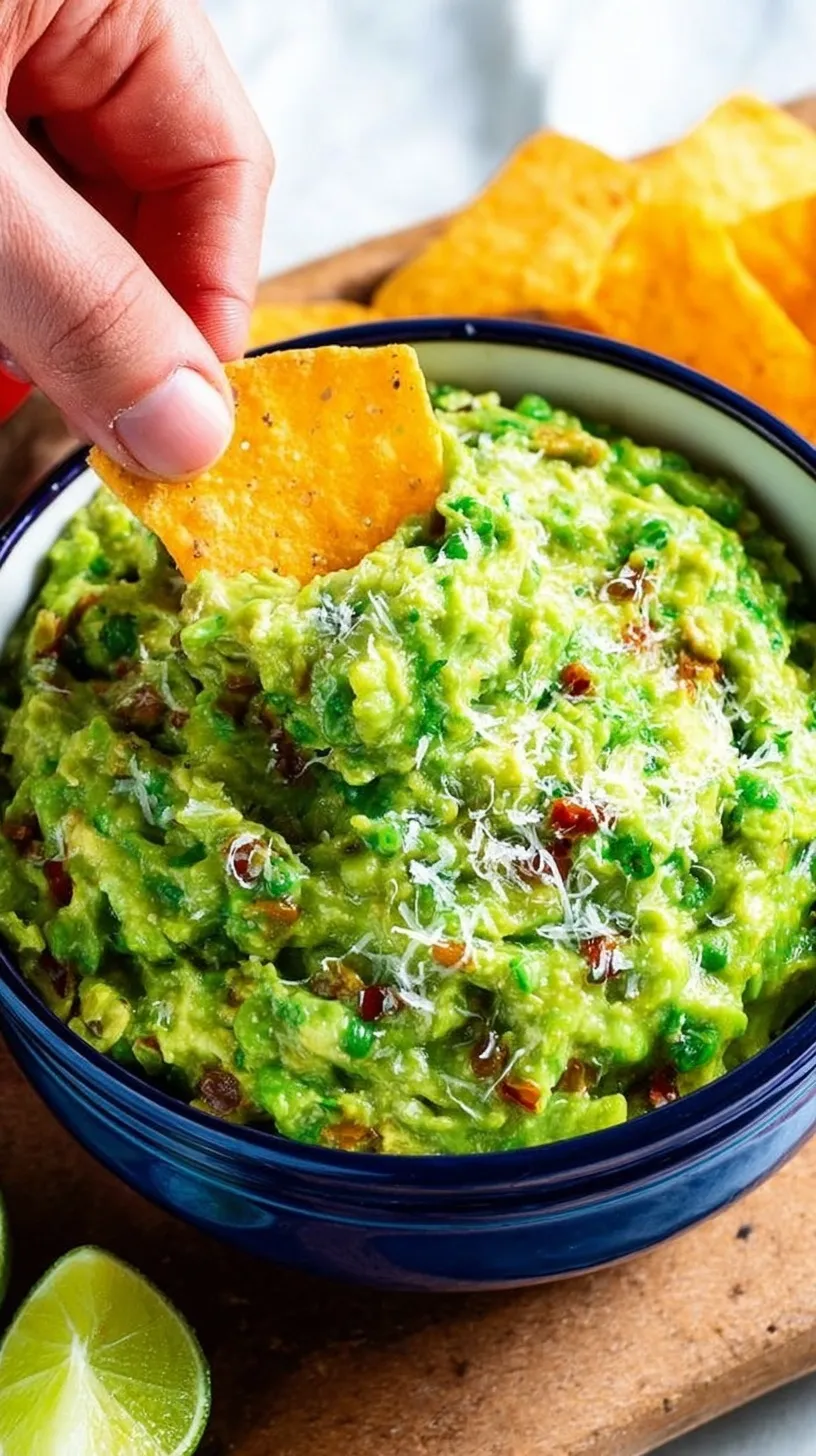A bowl of bright green pea guacamole topped with fresh cilantro and red onions.