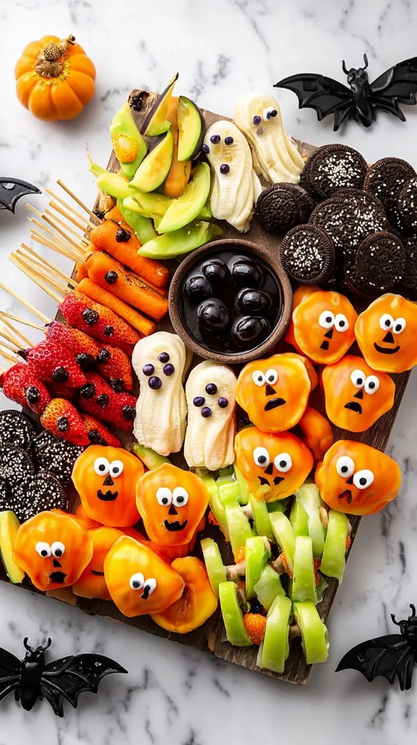 A festive fruit platter with banana ghosts and clementine pumpkins on a white plate