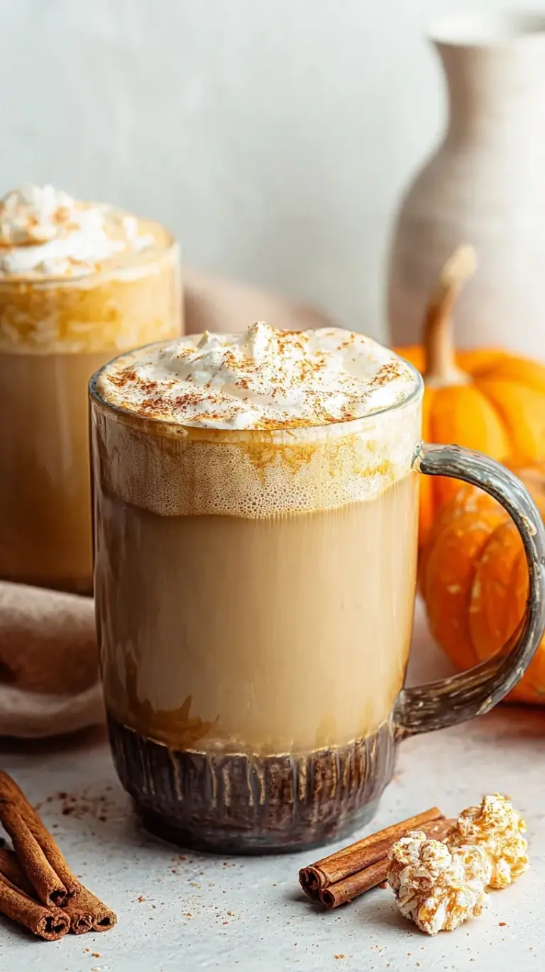 A steaming mug of healthy homemade pumpkin spice latte topped with a sprinkle of spice on a wooden table with fall leaves.