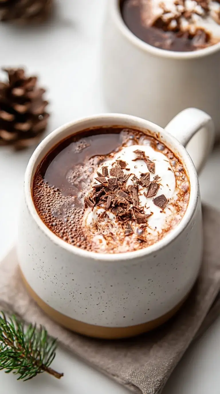 A steaming mug of healthy hot chocolate with a sprinkle of cinnamon on a cozy wooden table