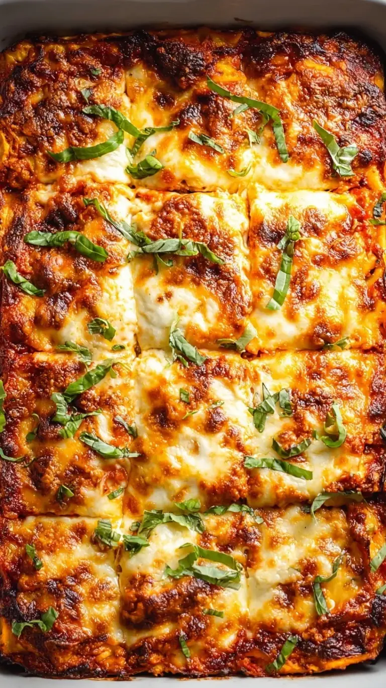 A slice of healthy ground turkey lasagna with melted cheese and visible spinach layers on a white plate.