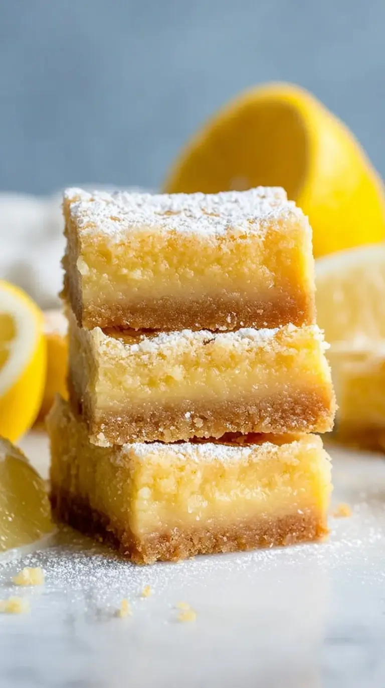 A close up of healthy lemon bars with a golden almond flour crust and bright yellow filling.