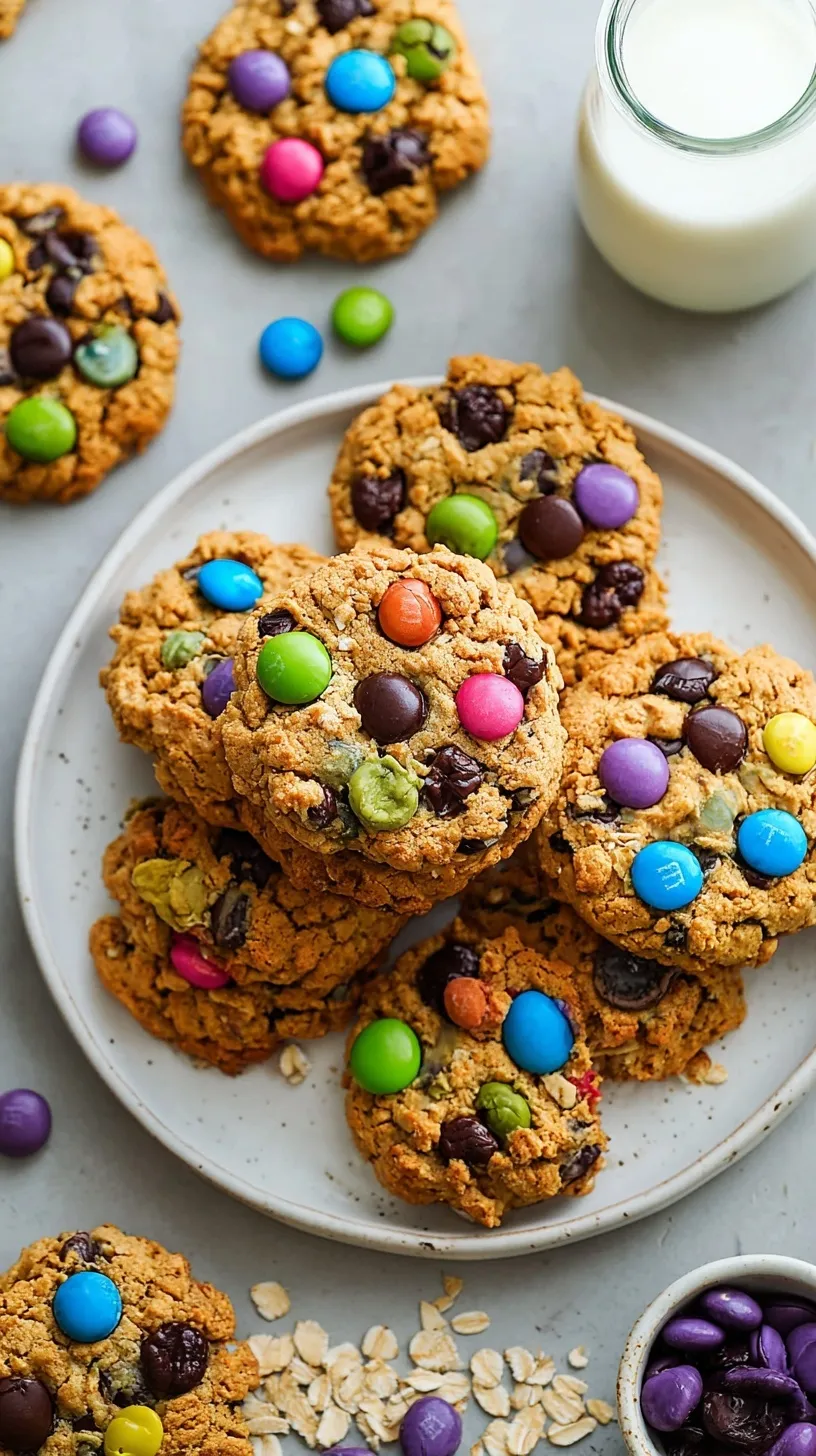 A plate of colorful healthy monster cookies with dark chocolate chips and candy-coated chocolates.