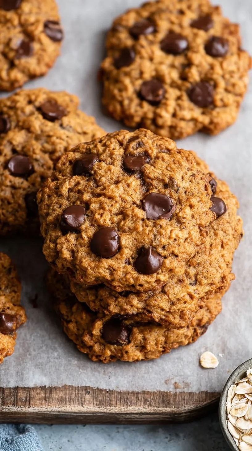 A stack of golden brown oatmeal chocolate chip cookies on a wire rack with dark chocolate chips scattered around.