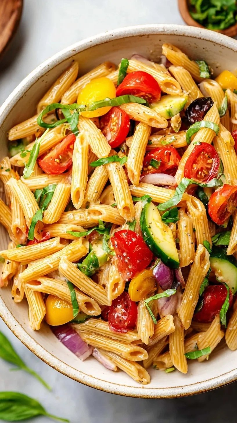 A colorful bowl of healthy pasta salad with cherry tomatoes, cucumbers, and feta cheese