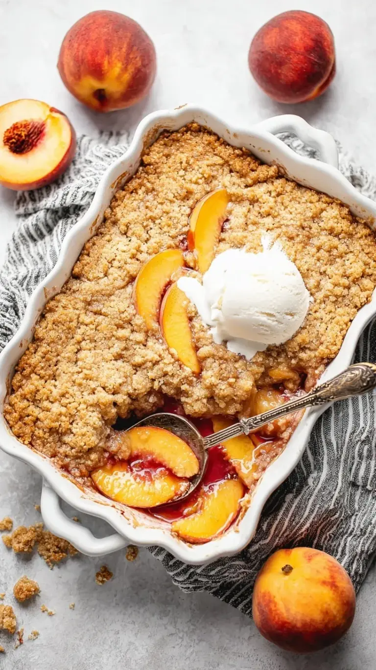 A golden brown healthy peach cobbler in a baking dish with bubbling fruit filling.