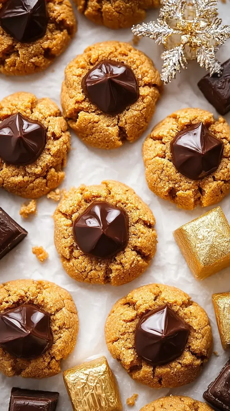 A tray of soft peanut butter cookies topped with dark chocolate kisses on parchment paper.