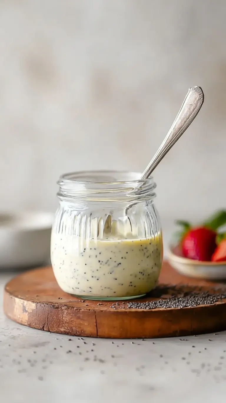 A glass jar filled with creamy poppy seed dressing next to a fresh spinach salad.