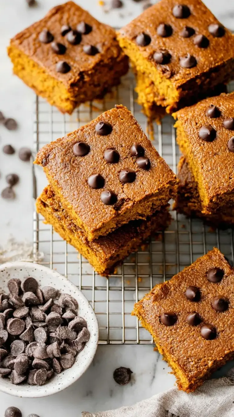A tray of sliced healthy pumpkin bars showing a soft, orange crumb and warm spices