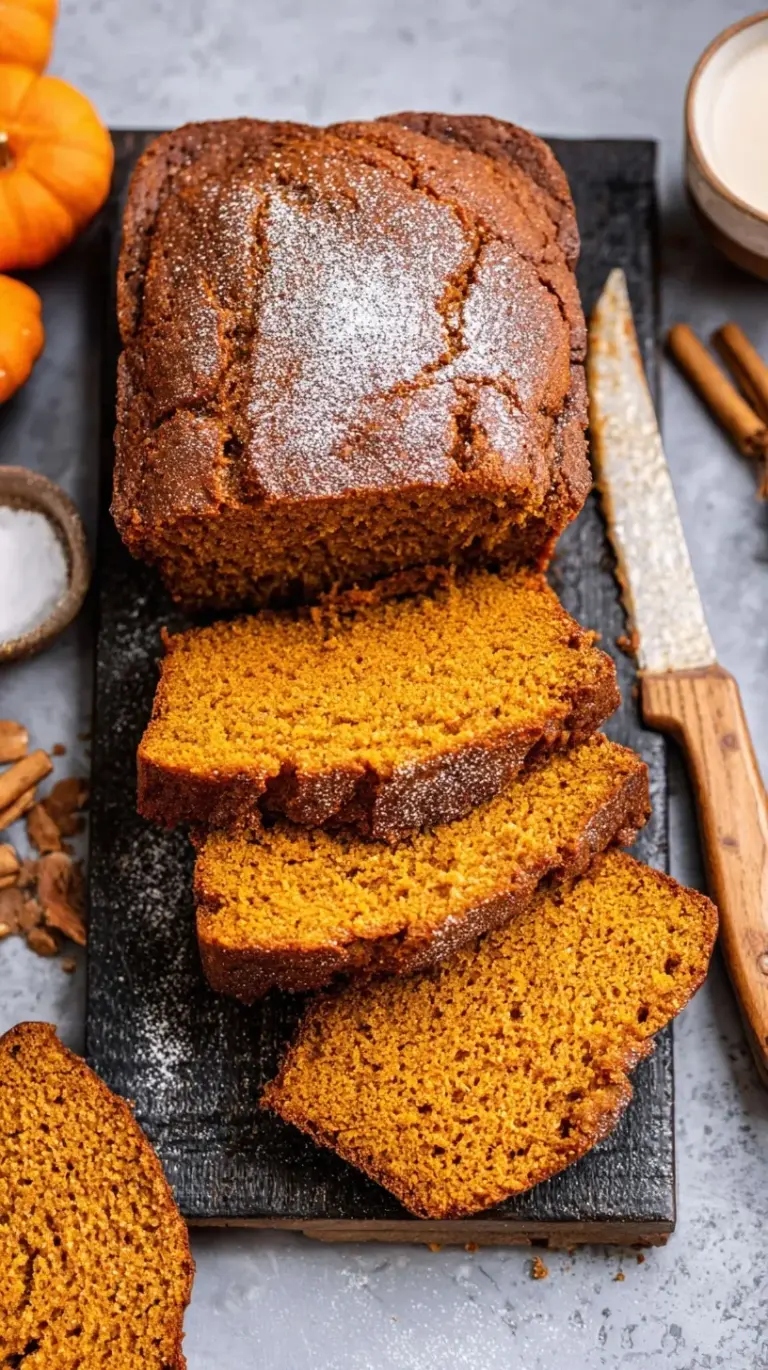 A golden loaf of healthy pumpkin bread sliced on a wooden board with autumn leaves nearby