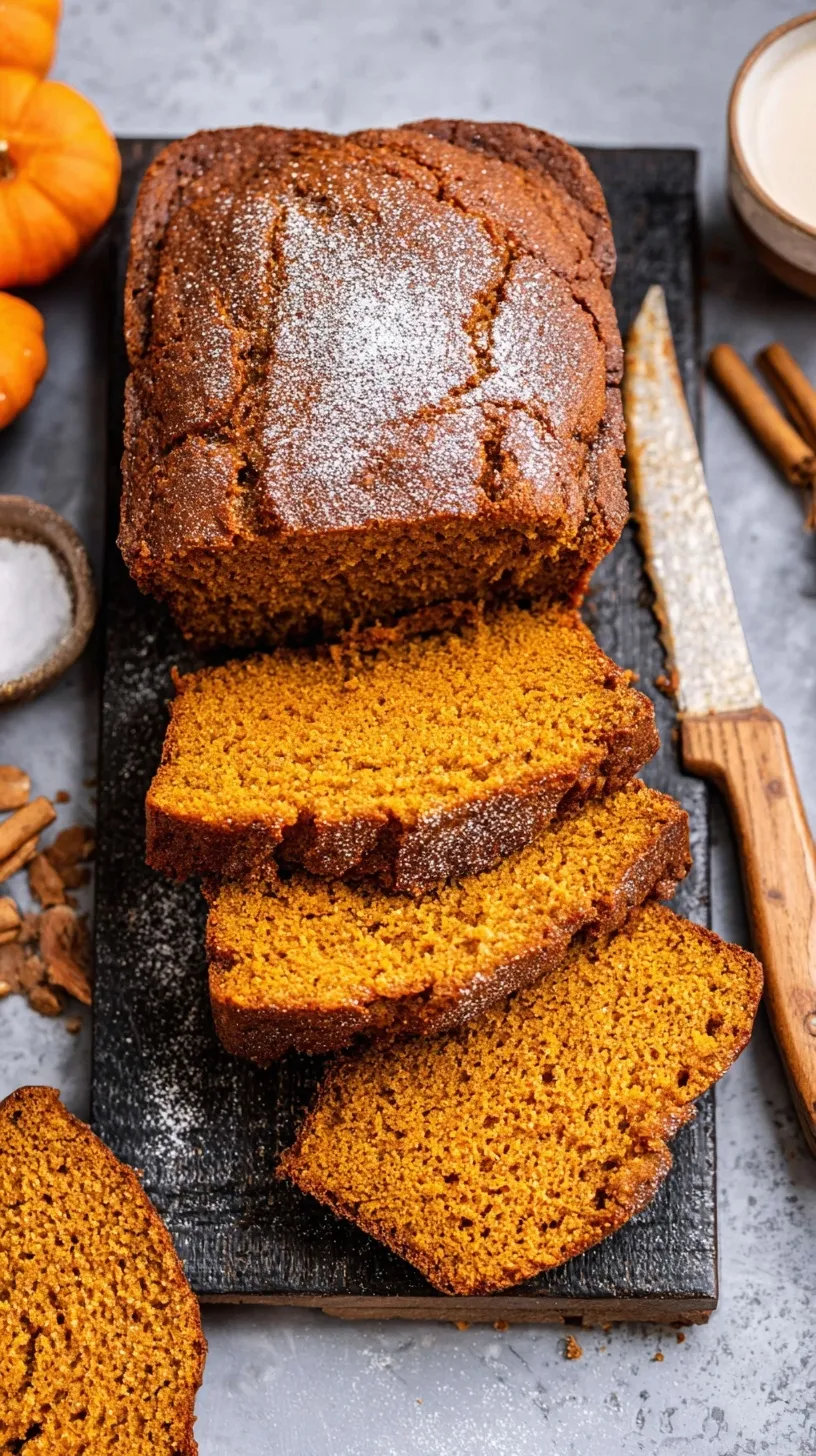 A golden loaf of healthy pumpkin bread sliced on a wooden board with autumn leaves nearby