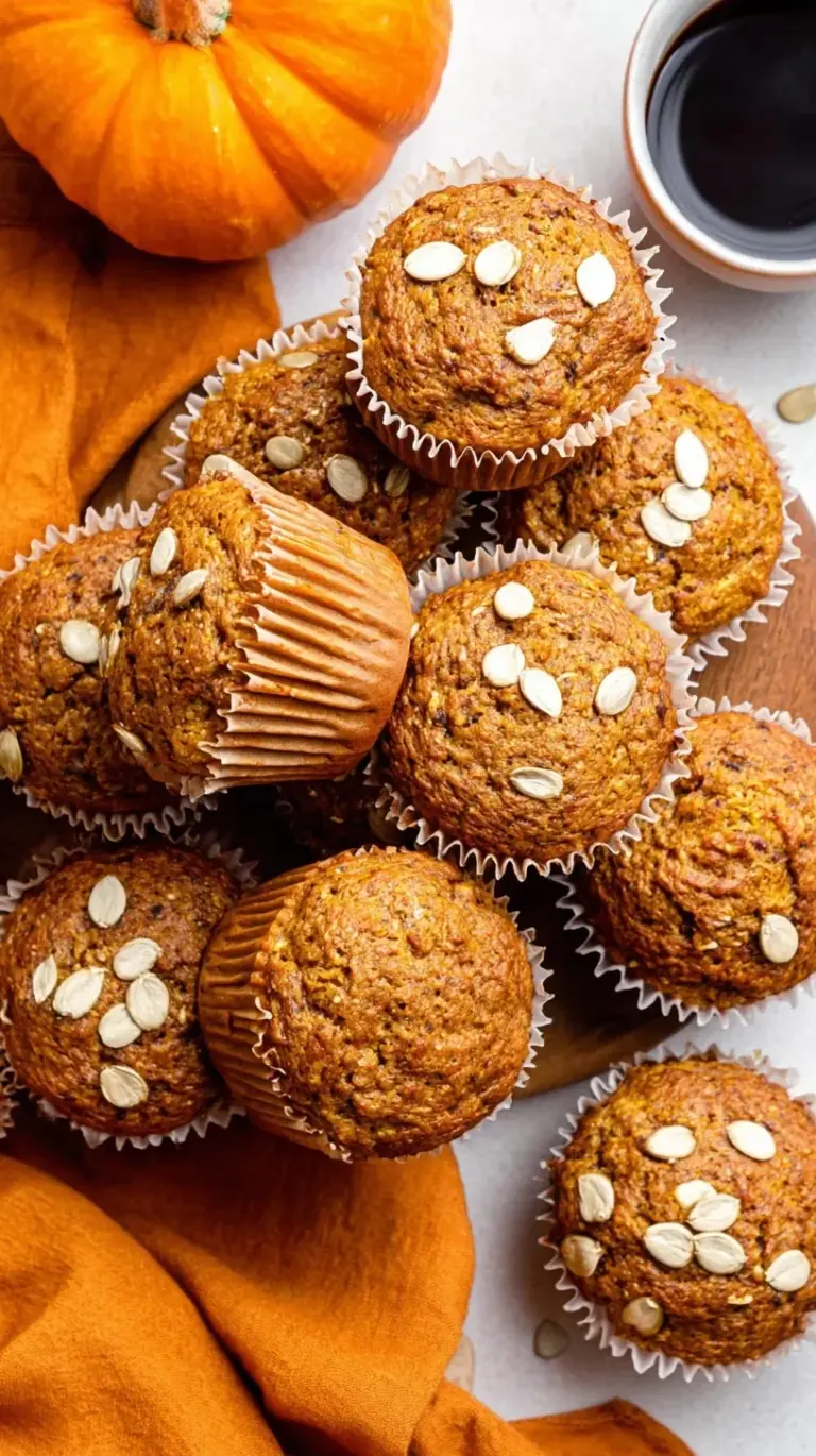 A stack of golden brown healthy pumpkin muffins on a wire cooling rack with autumn leaves in the background.